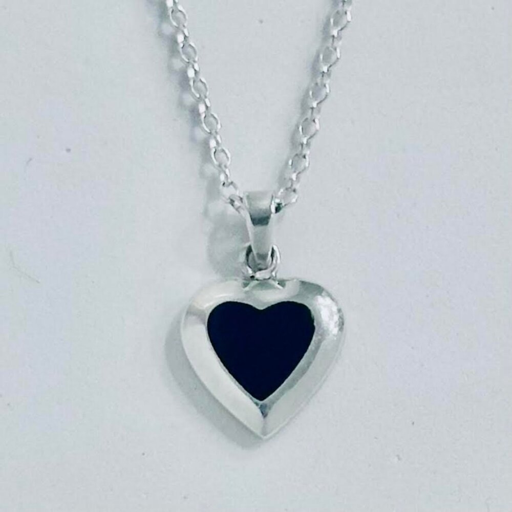 Petite 925 Sterling Silver and Black Onyx Heart Pendant Necklace